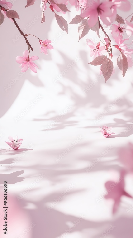 Fototapeta premium Luz suave sobre fondo blanco con hojas rosas y sombras sutiles. Perfecto para un toque fresco y elegante en tu tienda online.