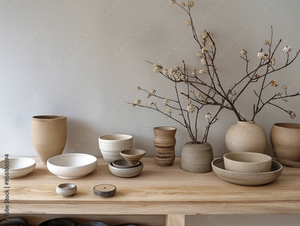 A table with a variety of vases and bowls, including a large bowl and a small bowl A table with a variety of vases and bowls, including a large bowl and a small bowl