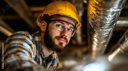 Skilled HVAC duct installer meticulously measuring and fitting custom ductwork, ensuring optimal airflow throughout a home photo