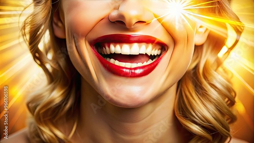 Vibrant close-up of a bright, beaming toothy smile, illuminated by warm golden light, exuding joy, happiness, and infectious positivity against a soft, creamy background.