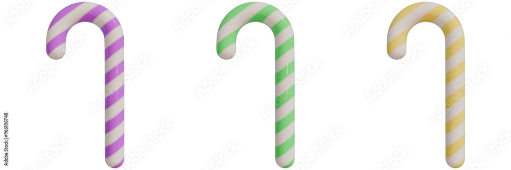 set of 3d christmas icons, three colorful candy canes with vibrant stripes, showcasing pale magenta, pale limegreen, light orange against an isorated background set of 3d christmas icons, three colorful candy canes with vibrant stripes, showcasing pale magenta, pale limegreen, light orange against an isorated background