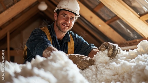 Experienced insulation installer meticulously adding weatherproofing materials to an attic space, ensuring optimal energy efficiency