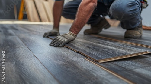 Proficient flooring installer precisely fitting and securing laminate planks, their technical skills and attention to detail evident