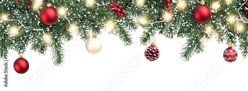 Seamless decorative christmas border with coniferous branches and garlands of christmas lights and ornaments festival plant tree. photo