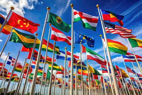Vibrant colorful national flags from around the world gathered together, waving gently in the breeze, celebrating diversity and international unity in a stunning visual display.