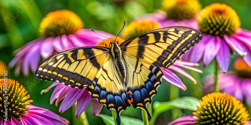 A vibrant yellow tiger swallowtail butterfly with black stripes and blue edges perches on a ripe purple coneflower, photo