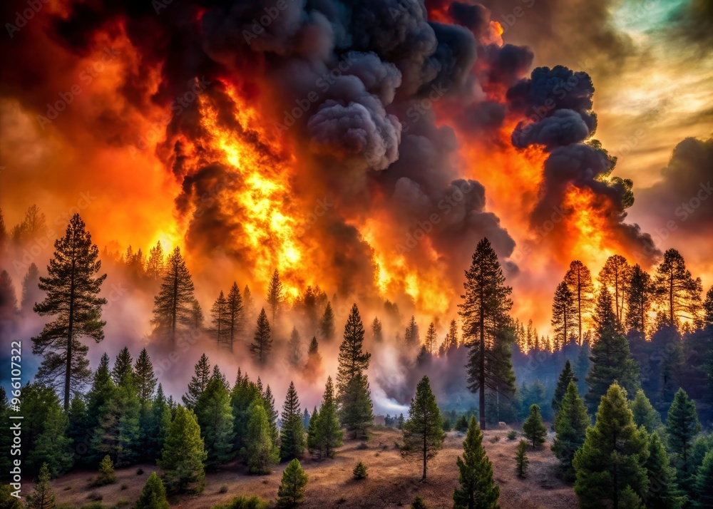 A dramatic landscape depicting a fierce forest fire, with towering flames and thick smoke engulfing tall trees under a fiery sky.