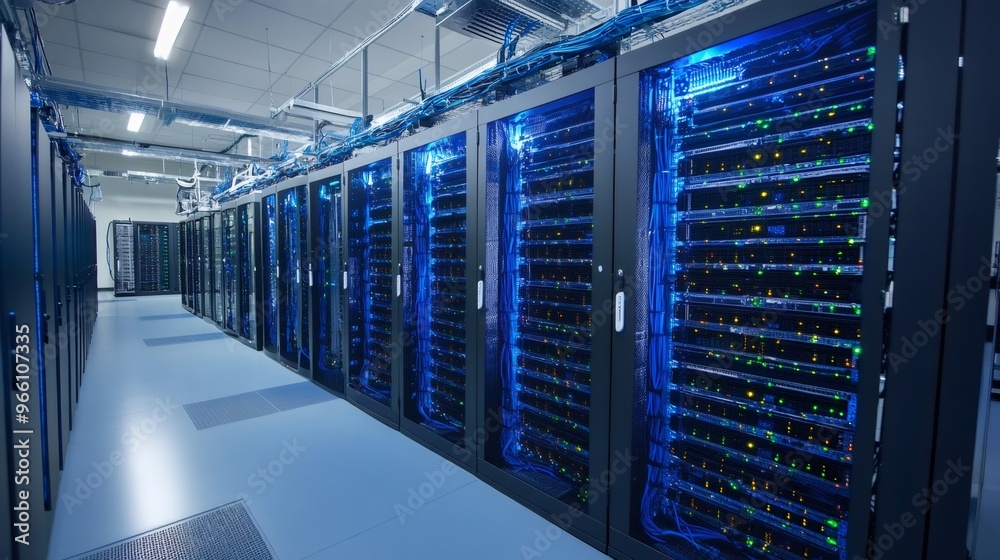Rows of glowing servers in a data center with blue cables. Rows of glowing servers in a data center with blue cables.