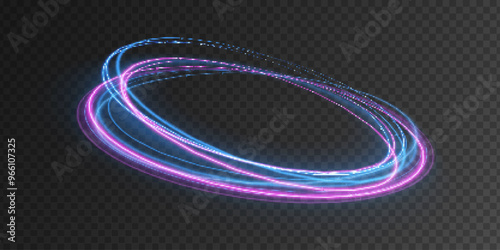 Abstract glowing swirl. Purple and blue light vortex on dark transparent background. Light effect. Vector illustration. EPS 10.