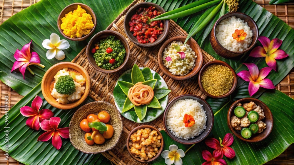 Fototapeta premium Vibrant colors of traditional Fijian dishes, including kokoda, duruka, and vakalolo, arranged on a woven mat, surrounded by tropical flowers and palm fronds.