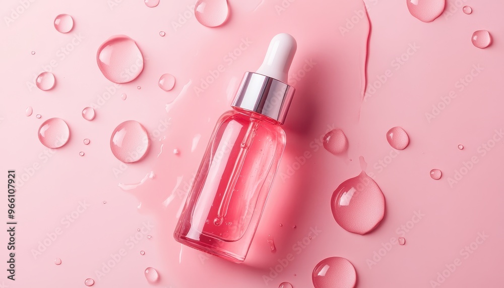 A stylish pink dropper bottle surrounded by water droplets on a soft pink background, perfect for beauty and skincare visuals. A stylish pink dropper bottle surrounded by water droplets on a soft pink background, perfect for beauty and skincare visuals.