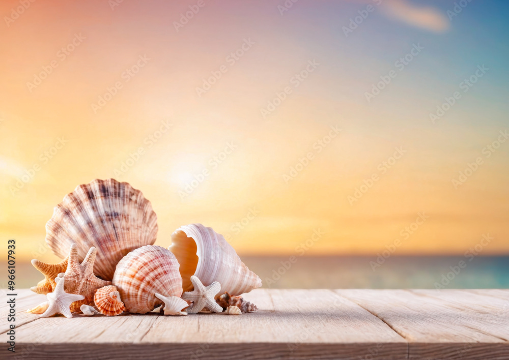Seashells on a Wooden Plank Against a Sunset Sky. Seashells on a Wooden Plank Against a Sunset Sky.
