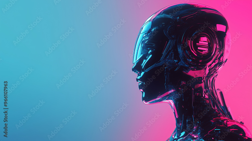 Futuristic humanoid robot in neon lighting Futuristic humanoid robot in neon lighting