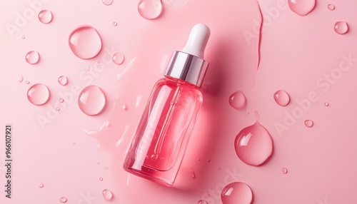 A stylish pink dropper bottle surrounded by water droplets on a soft pink background, perfect for beauty and skincare visuals.