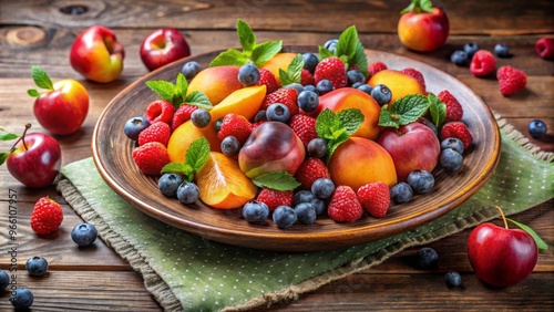 A vibrant assortment of fresh fruits beautifully arranged on a wooden plate, perfect for healthy eating and seasonal recipes.