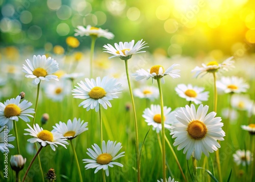 A vibrant field of daisies bathed in warm sunlight, creating a serene and peaceful atmosphere perfect for nature lovers.