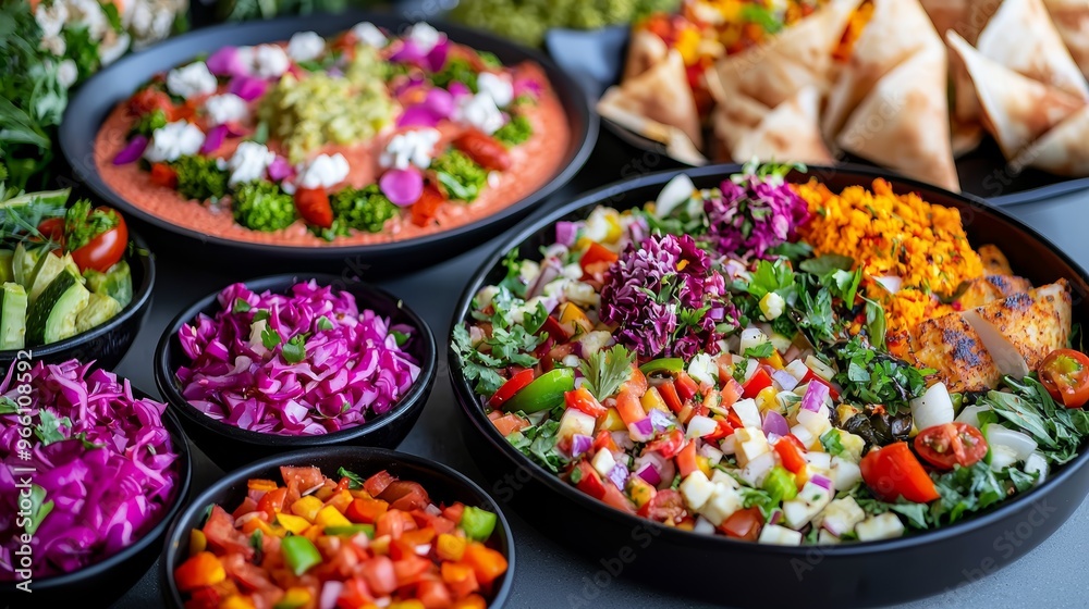 An elegant buffet featuring Mediterranean, Indian, and African dishes, with vibrant salads, stews, and grilled meats, celebrating the world's culinary richness