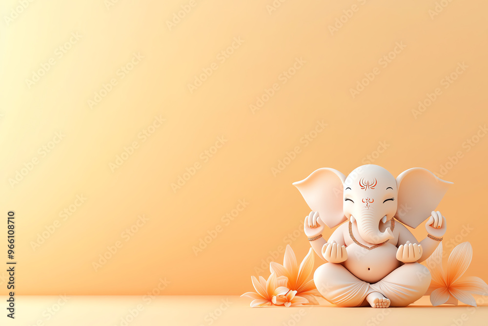 Peaceful elephant figurine meditating among flowers, set against a soft orange background, symbolizing tranquility and harmony. Peaceful elephant figurine meditating among flowers, set against a soft orange background, symbolizing tranquility and harmony.