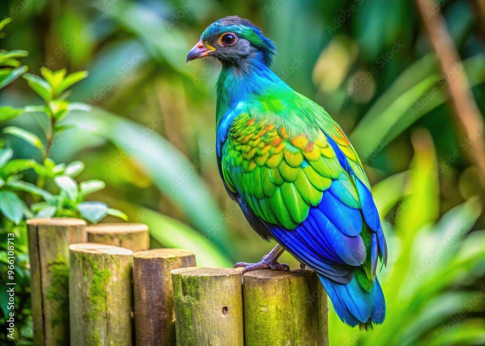 Obraz premium Vibrant green and blue plumage shines on the majestic guinea bird, perched on a rustic wooden fence post, surrounded by lush green foliage.