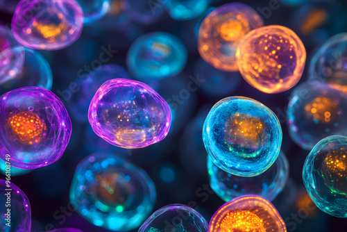 Microscope view of bioengineered cells glowing in different colors, breakthrough biotech research
