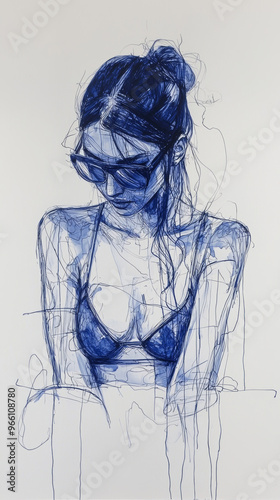 The stylized sketch captures a woman in a bikini sitting with arms crossed, embodying introspection, calmness, and serenity in a minimalist blue render. photo