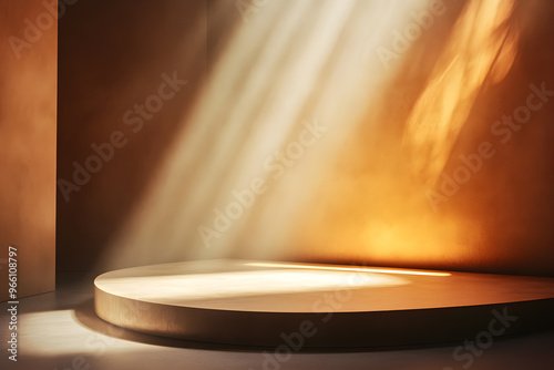 Minimalist stage with a single spotlight, warm golden tones, soft shadows, elegant and sophisticated ambiance