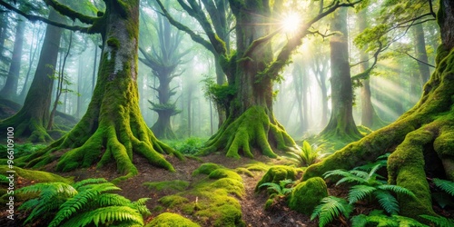 Vibrant green moss and ferns envelop ancient tree trunks in a misty, emerald-hued forest, illuminated by dappled sunlight filtering through a tranquil, mist-shrouded canopy. photo