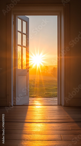 Open door leading to a bright, sunrise, symbolizing a new beginning