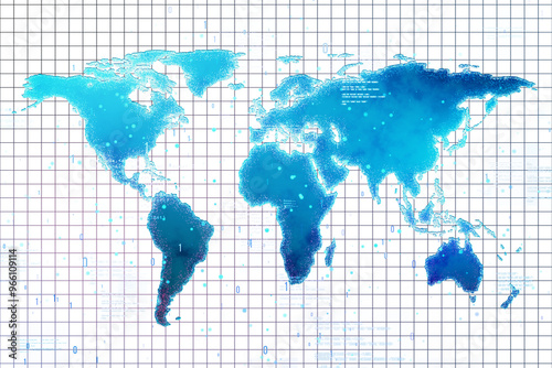 Fototapeta Naklejka Na Ścianę i Meble -  Digital world map in blue tones on a grid background with scattered binary code. High-tech concept. 3D Rendering
