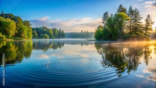 Tranquil lake captures the essence of nature with serene waters, lush trees, and a stunning morning light reflection.