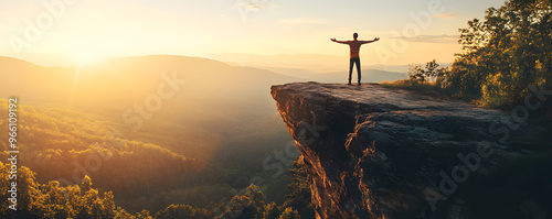 Person standing at the edge of a cliff with arms outstretched, ready for a new beginning