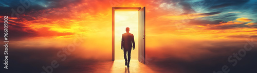 Person walking through an open door into a bright future, symbolizing new beginnings