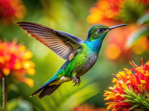 Vibrant Hummingbird With Iridescent Feathers Hovering Near Tropical Jamaican Flowers