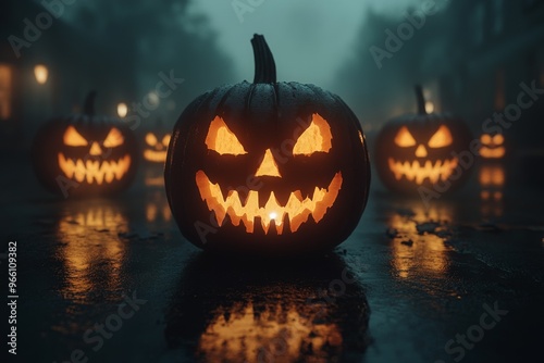 Jack-o'-Lanterns and Fog: Multiple Jack-o'-Lanterns glowing brightly amidst a thick, rolling fog, creating a classic Halloween visual. 