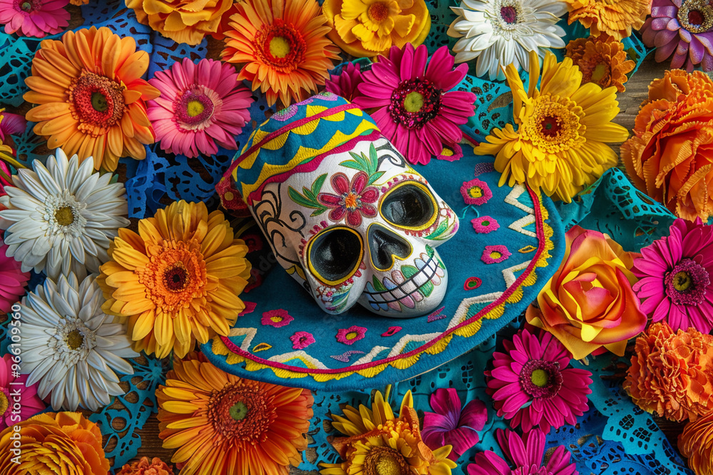 Beautiful greeting card with bright holiday composition for happy to joy celebrate dia de muertos