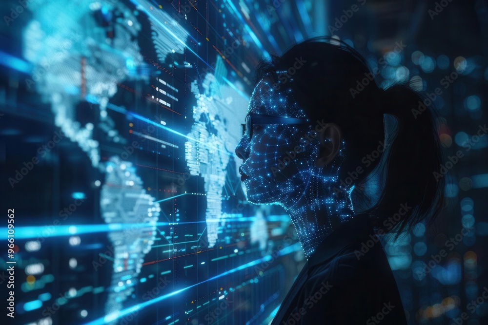 Obraz premium A photorealistic image of a holographic AI assistant materializing beside a trader. The AI analyzes data in real-time