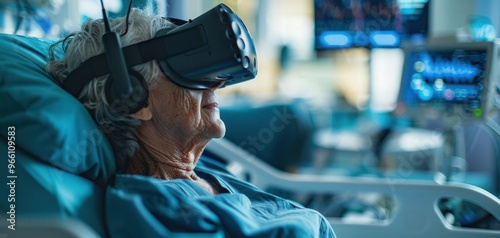 A photorealistic image of a patient wearing a VR headset experiencing a virtual reality therapy session. The VR environment promotes healing and reduces anxiety.