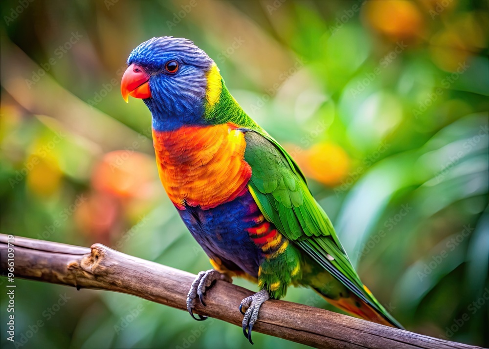 Vibrant lorikeet bird perches on a branch, showcasing its bright plumage with hues of green, blue, and orange, against a blurred natural background. Vibrant lorikeet bird perches on a branch, showcasing its bright plumage with hues of green, blue, and orange, against a blurred natural background.