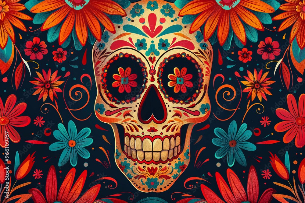 Beautiful greeting card with bright holiday composition for happy to joy celebrate dia de muertos