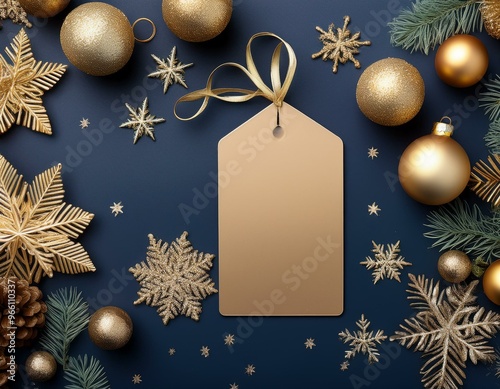 A festive Christmas background with gold ornaments, snowflakes, and a gift tag on a dark blue surface.