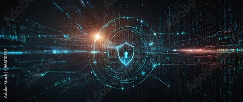 Cyber Security Shield: A glowing digital shield with a padlock at its center, surrounded by swirling binary code and a warm, futuristic glow, symbolizing robust online protection. 