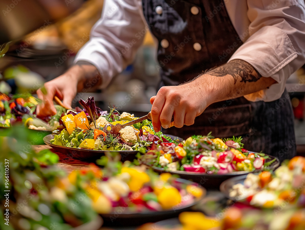 A chef is preparing a salad with a variety of vegetables, including tomatoes, cucumbers, and peppers A chef is preparing a salad with a variety of vegetables, including tomatoes, cucumbers, and peppers