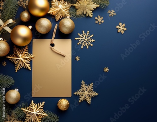 A festive Christmas background with gold ornaments, snowflakes, and a gift tag on a dark blue surface.