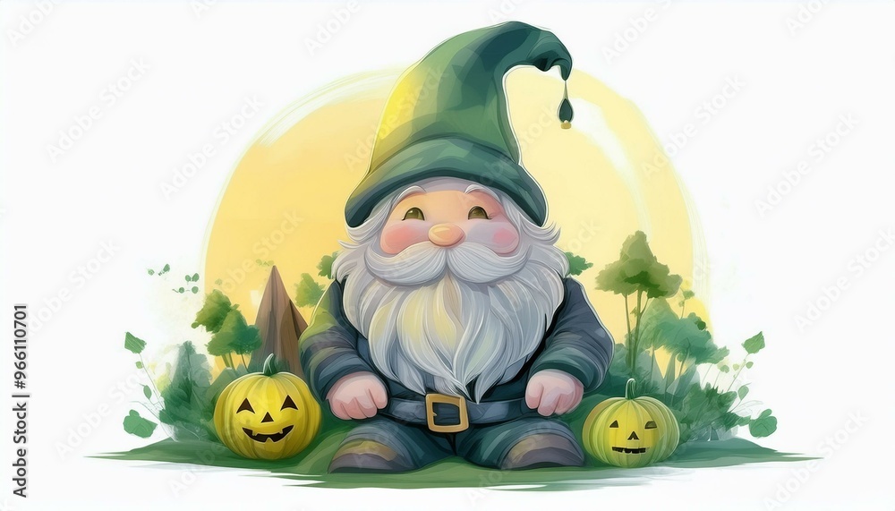 Naklejka premium Cheerful gnome sitting among pumpkins, perfect for Halloween-themed designs and seasonal illustrations.