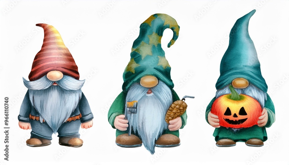 Three whimsical gnomes wearing colorful hats, each holding festive items. Perfect for autumn or Halloween-themed designs. Three whimsical gnomes wearing colorful hats, each holding festive items. Perfect for autumn or Halloween-themed designs.