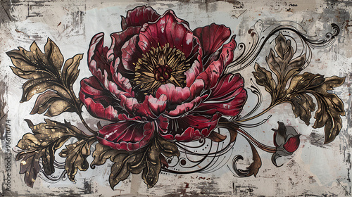 blue, rouse, red, silver, old, background, generative, ai, steampunk style, vintage, watch, peony, ancient, door, sculpture, art, architecture, statue, decoration, detail, antique, stone, carving, gol