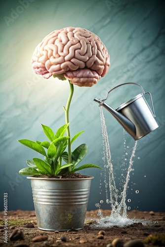 A Fascinating Representation of Human Brain Growth Emerging from a Flower Watering Can for Creative Illustrations photo