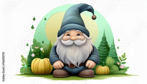 A cheerful cartoon gnome with a blue hat, sitting among pumpkins and lush greenery, perfect for autumn-themed designs.