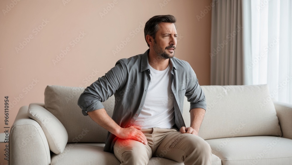 Man experiencing hip pain while sitting Man experiencing hip pain while sitting