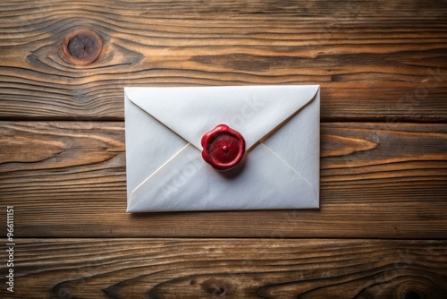 A white envelope with a red wax seal lies open on a rustic wooden table, revealing a crisp photo